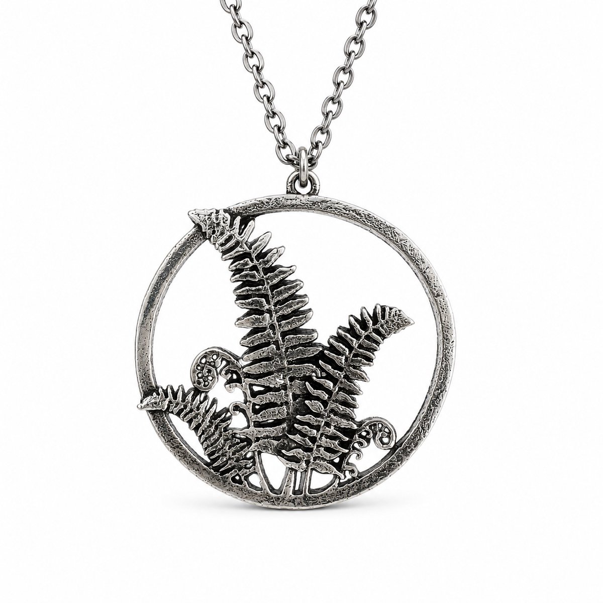 Botanische Ketting met Varenhanger – Vintage Halsketting voor Dames – Zilverkleurige Natuur Ketting – Boho Sieraad – Ketting Lengte 25 cm – Hanger Ø 3 cm