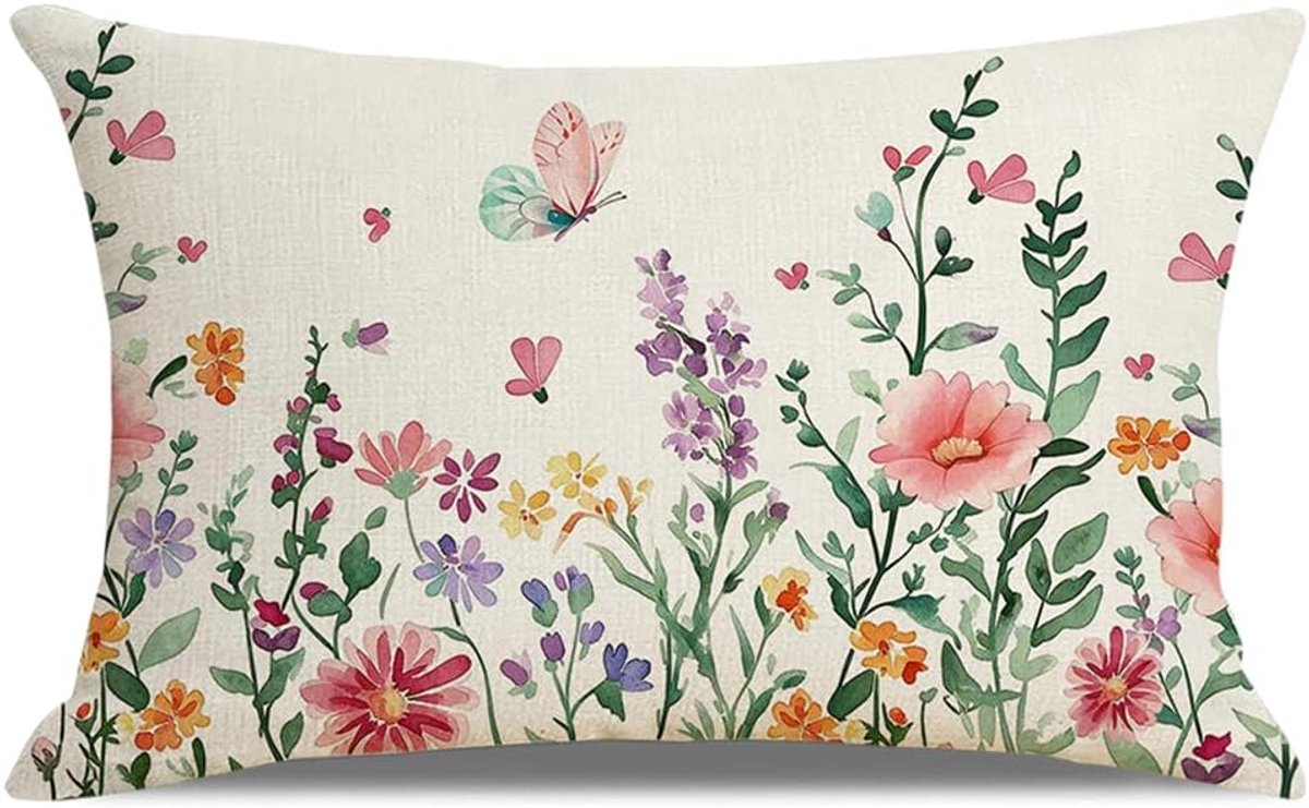 SnelShoppen - Decoratieve Lente Kussenhoes 30 x 50 cm, Bloemen Vlinder Patroon, Linnen Kussen voor Sofa, Paasdecoratie, Kleurrijke Interieuraccessoire
