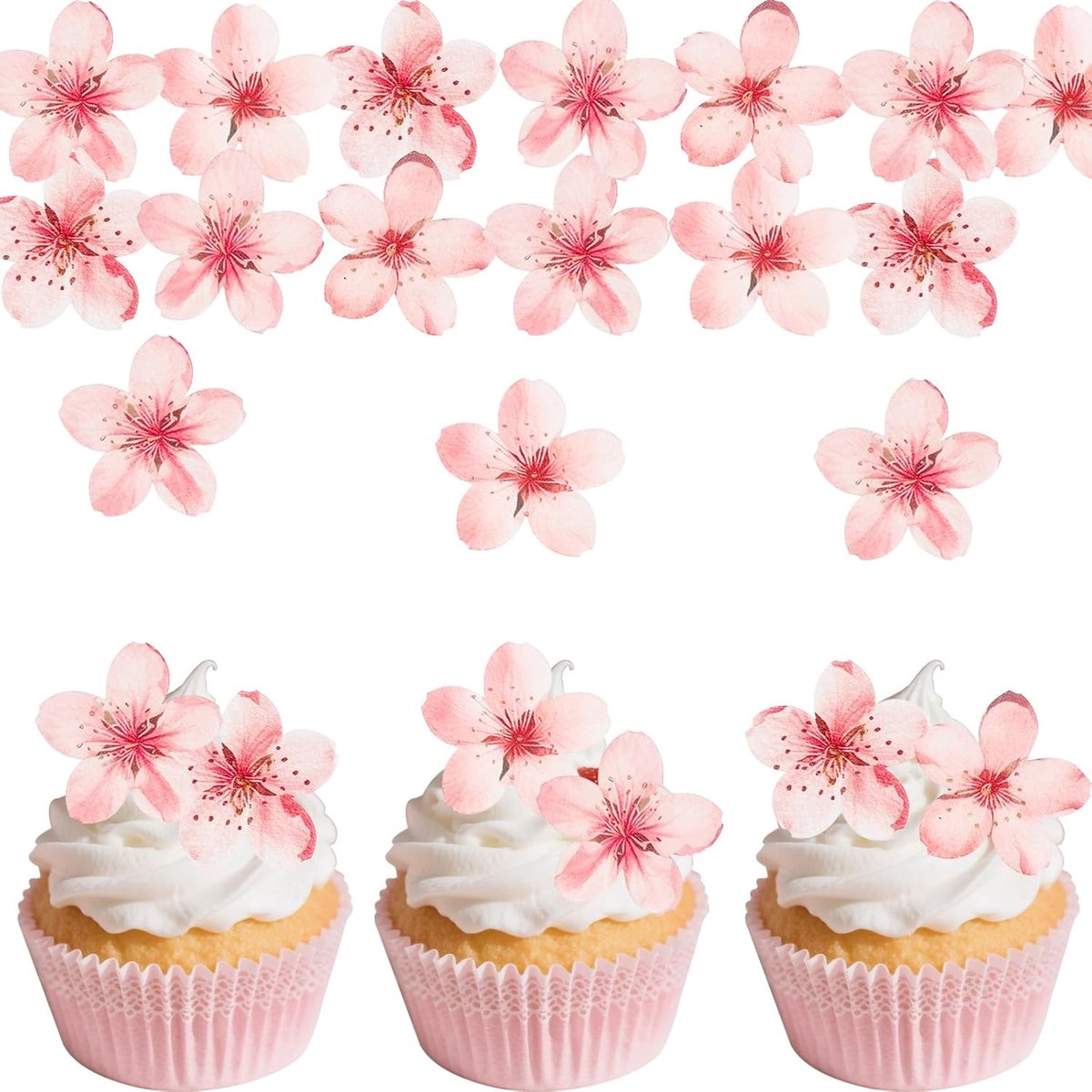 SnelShoppen - 60 Stuks Edible Roze Kersenbloesem Cake Decoratie - Cake Topper, Cupcake Topper, Muffin Decoratie voor Bruiloft en Verjaardag