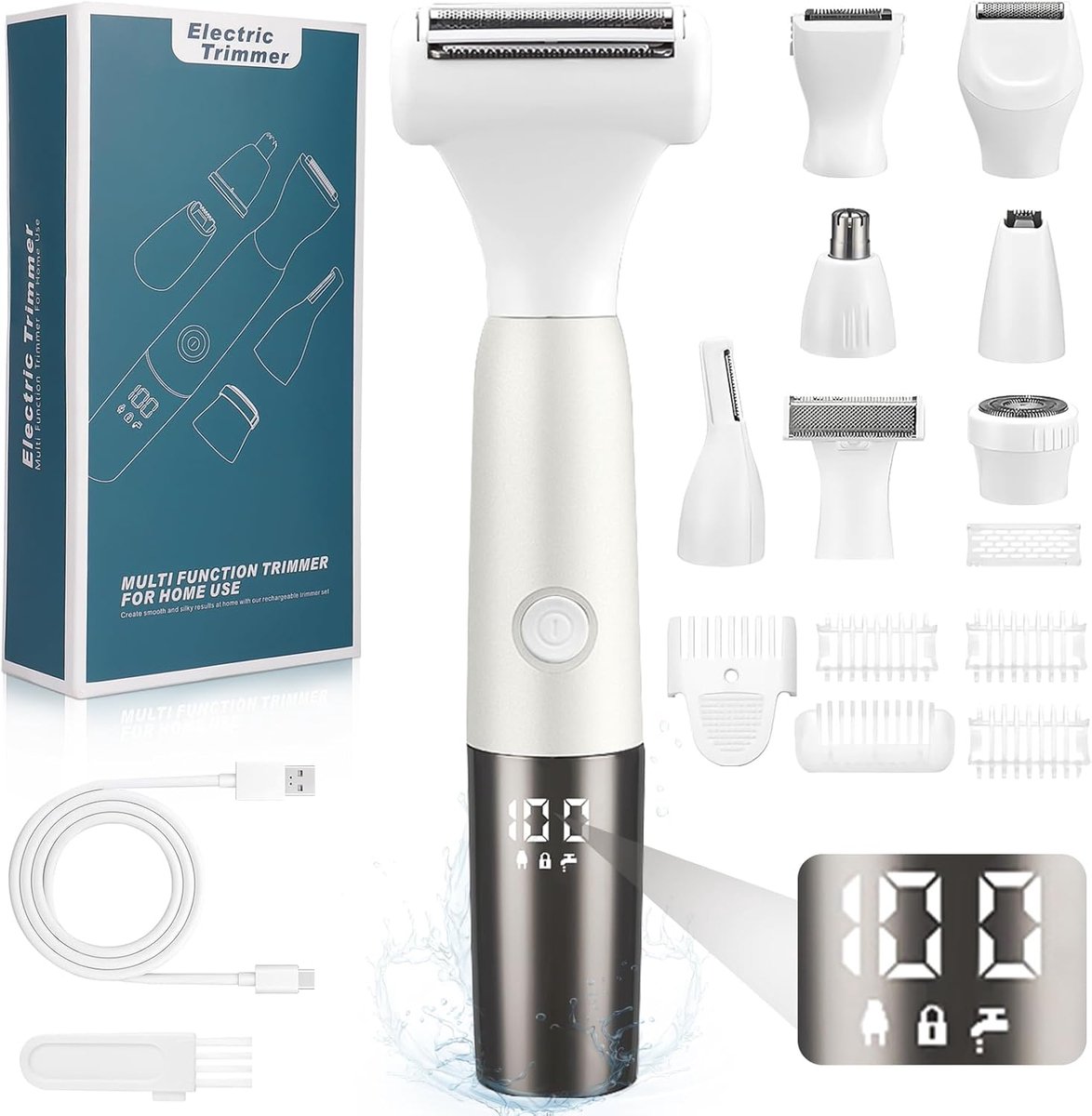 SnelShoppen - 8-in-1 Vrouwen Scheerapparaat, Elektrisch Intiem Scheerapparaat met 8 Mesjes, LED Digitale Display, IPX7 Waterdicht, USB Opladen, Voor B