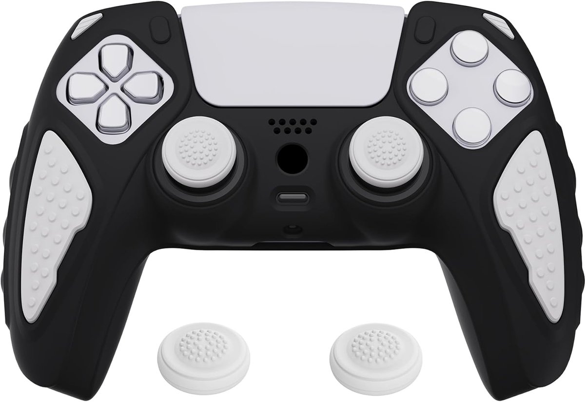 SnelShoppen - Silicone Anti-slip Case voor PS5 Controller - Duurzame Rubber Cover met Extra Grip en Thumb Grip Caps - Knight Edition (Zwart & Wit)