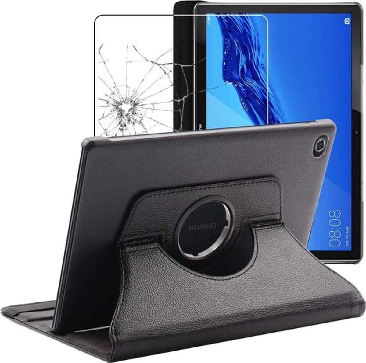 ebestStar - Hoes geschikt voor Huawei MediaPad M5 Lite 10.1, Roterende Etui, Case, 360° Draaibaar hoesje, Zwart + Gehard Glas