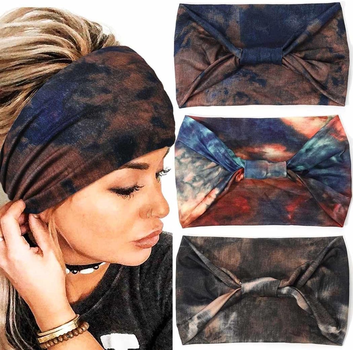 SnelShoppen - Boho Wide Headbands Tie Dyed Yoga Hoofddoeken Knotted Turban Haaraccessoires voor Vrouwen en Meisjes - 3 Stuks - Vintage Elastisch en Ad