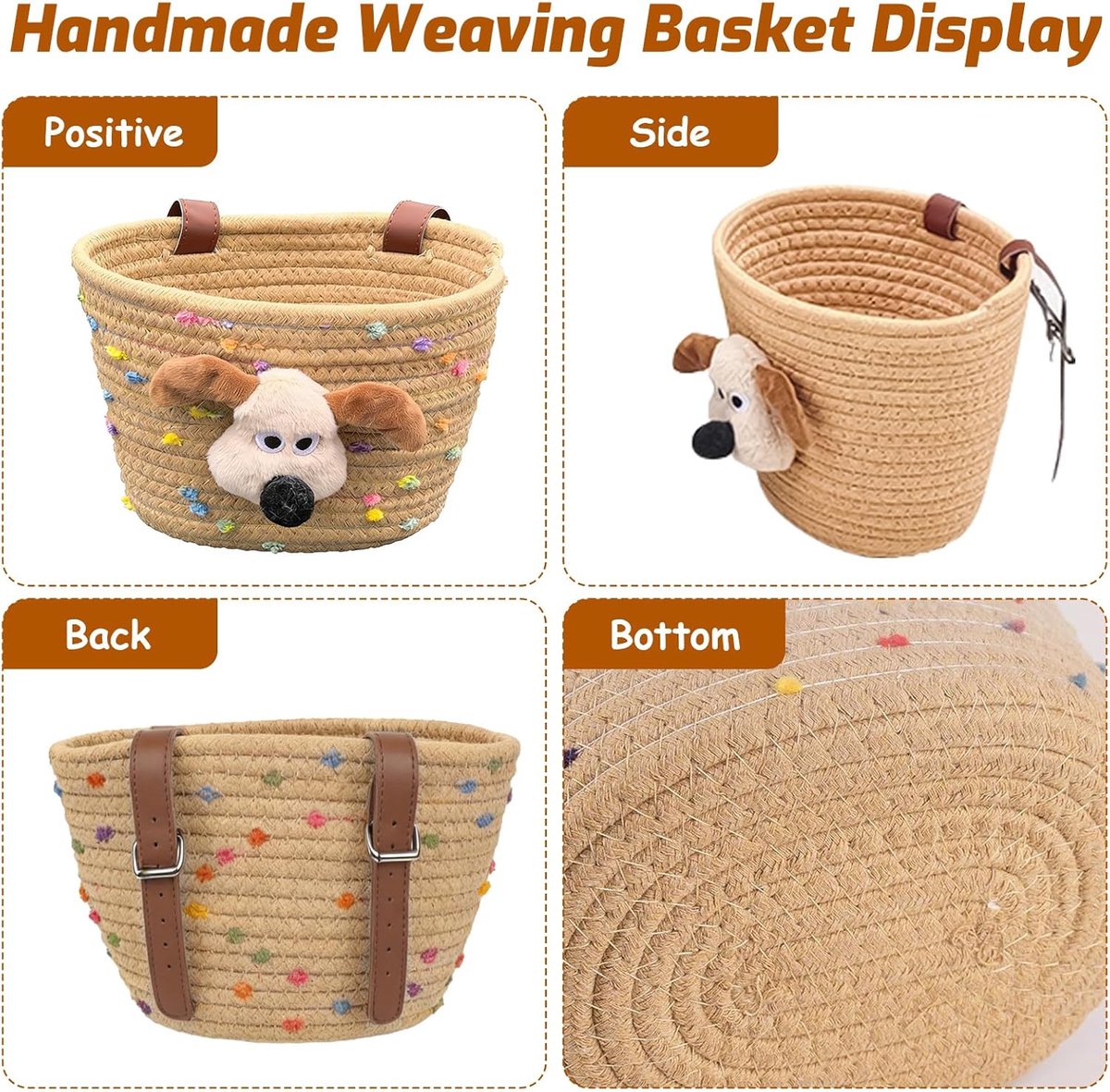 SnelShoppen - Kinderfietsmand Voorop, Fietsmandje Met Leren Straps, Fietsbellen, Spaken Clips Sterren, Katoen Touw, Geschikt Voor De Meeste Fietsen
