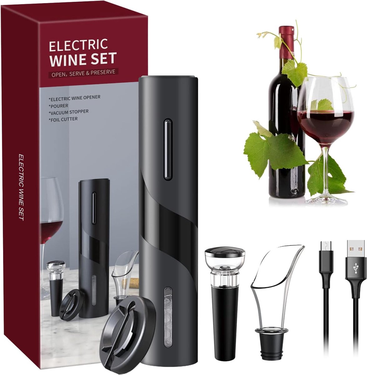 SnelShoppen - Elektrische Wijnflesopener Set - Draadloze Automatische Corkscrew met Foliesnijder, Vacuumpomp en Wijnuitloop - Perfect voor Feesten en
