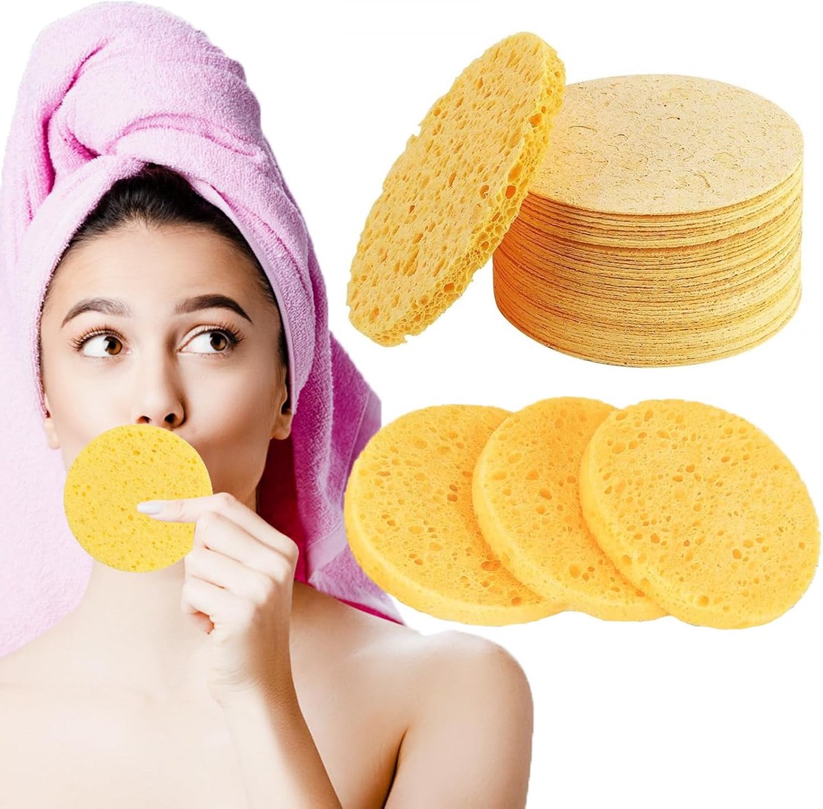 SnelShoppen - 30 Stuks Herbruikbare Gezichtsponsen - 100% Natuurlijke Cellulose - Circulaire Reiniging - Geel - Voor Gezichtsreiniging en Spa