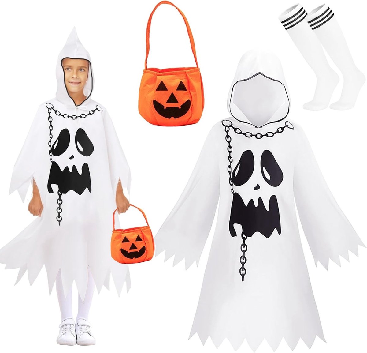 Witte Halloween Geest Kostuum voor Kinderen met Pompoentas en Cape - Perfect voor Carnaval en Feestjes