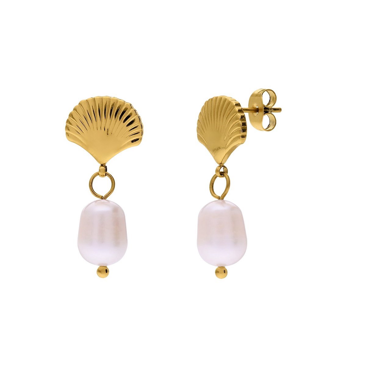 Lucardi Dames Stainless steel oorknoppen schelp voor dames - Oorbellen - Staal - Goudkleurig