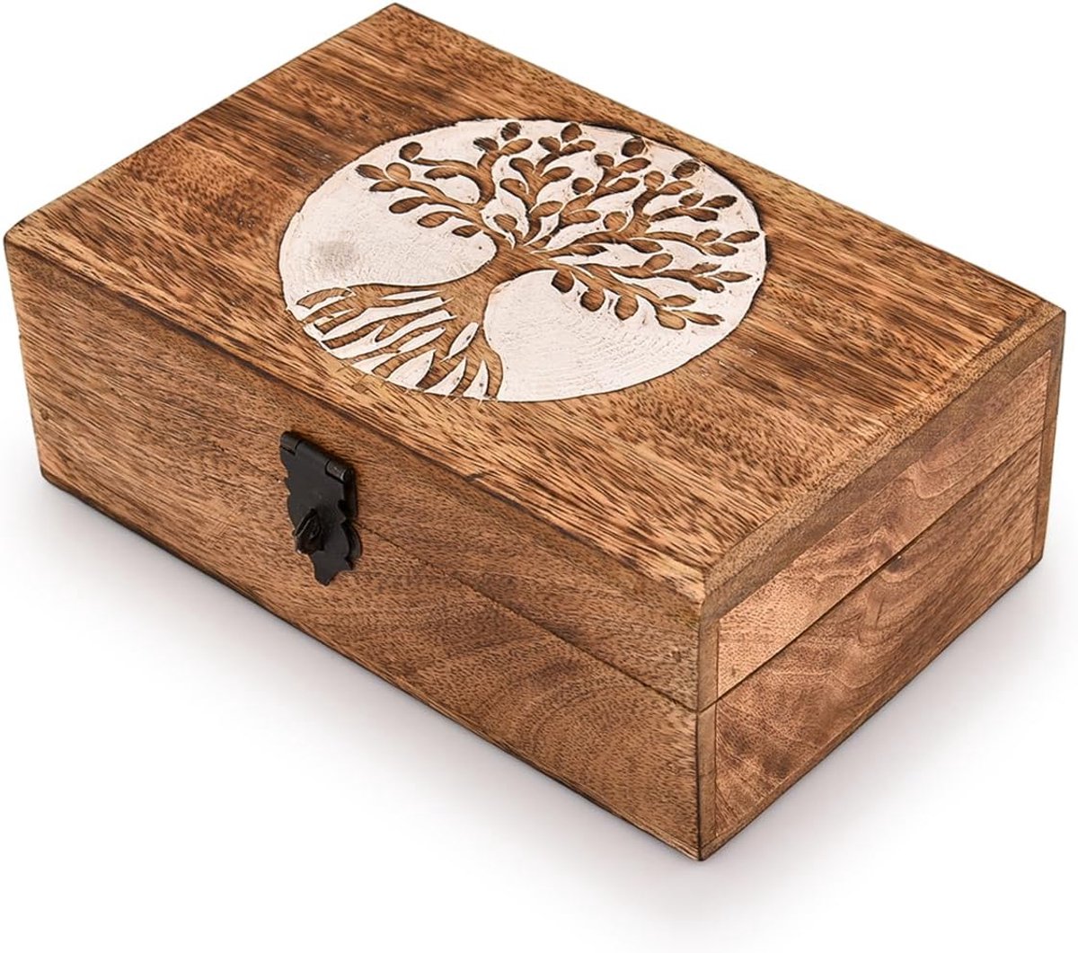 SnelShoppen - Handgemaakte Houten Sieradenbox van Mango Hout met Levensboom Gravure - Multifunctionele Opbergdoos voor Sieraden, Souvenirs en Accessoi