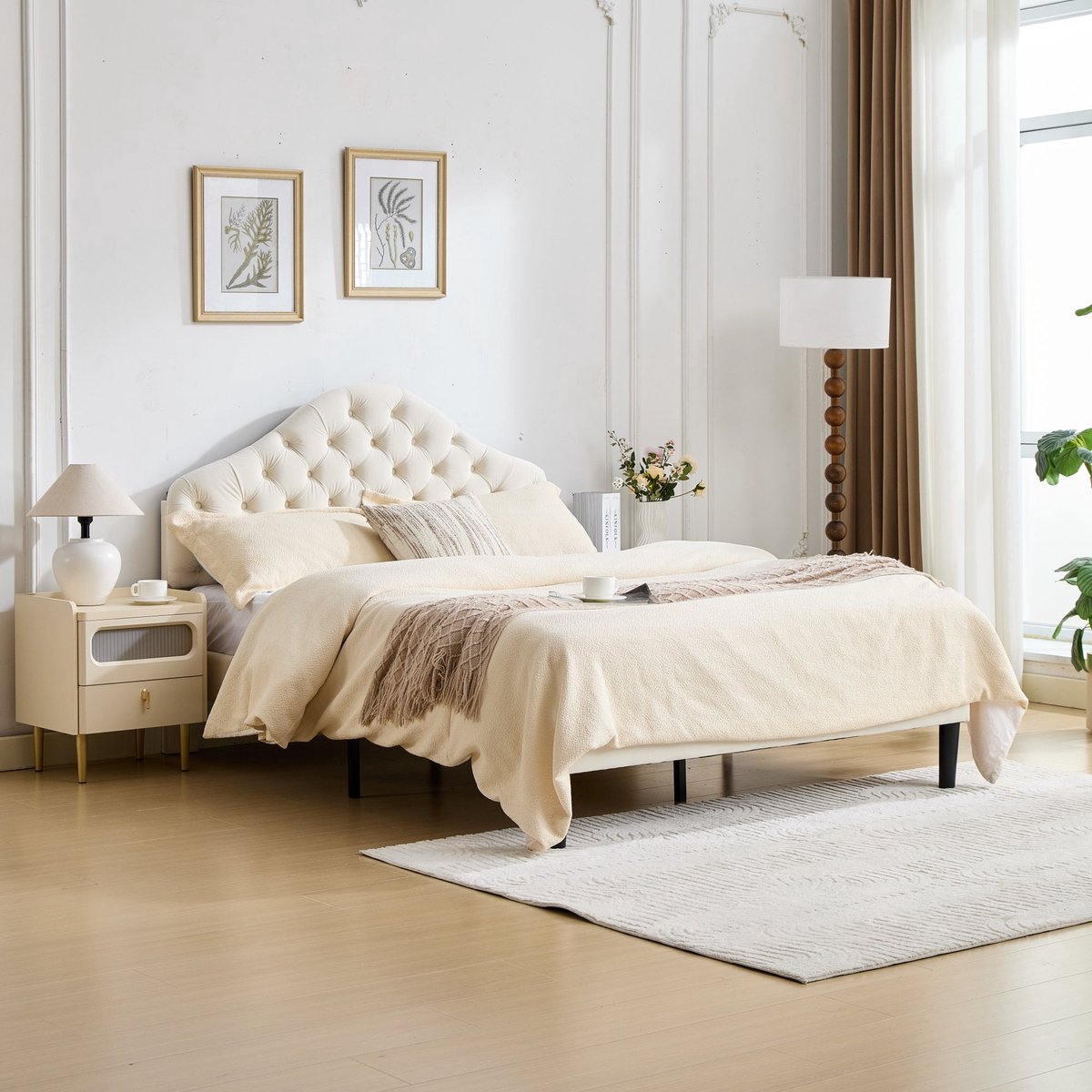 Gestoffeerd Bed 140x200 cm - Verstelbaar Hoofdbord Met Houten Lattenbodem - Zonder Matras - Fluwelen Platformbed Voor Slaapkamer - Beige