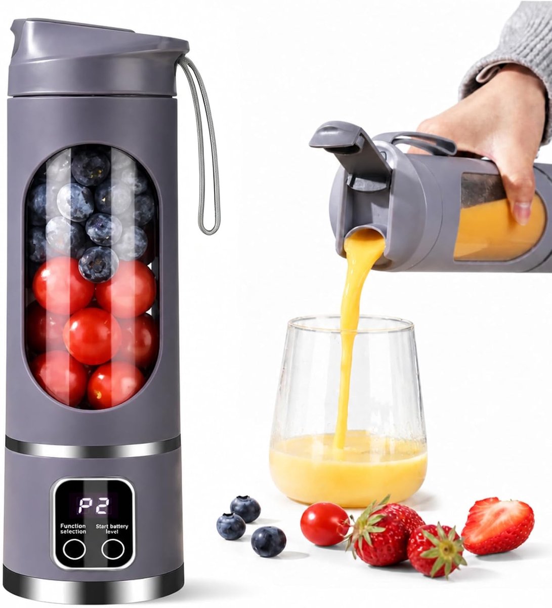 SnelShoppen - Draagbare Blender Smoothie Maker To Go 500 ml met LED-Display, 12 Messen, USB Oplaadbaar, BPA-vrij, Ideaal voor Sport, Reizen, Kantoor e