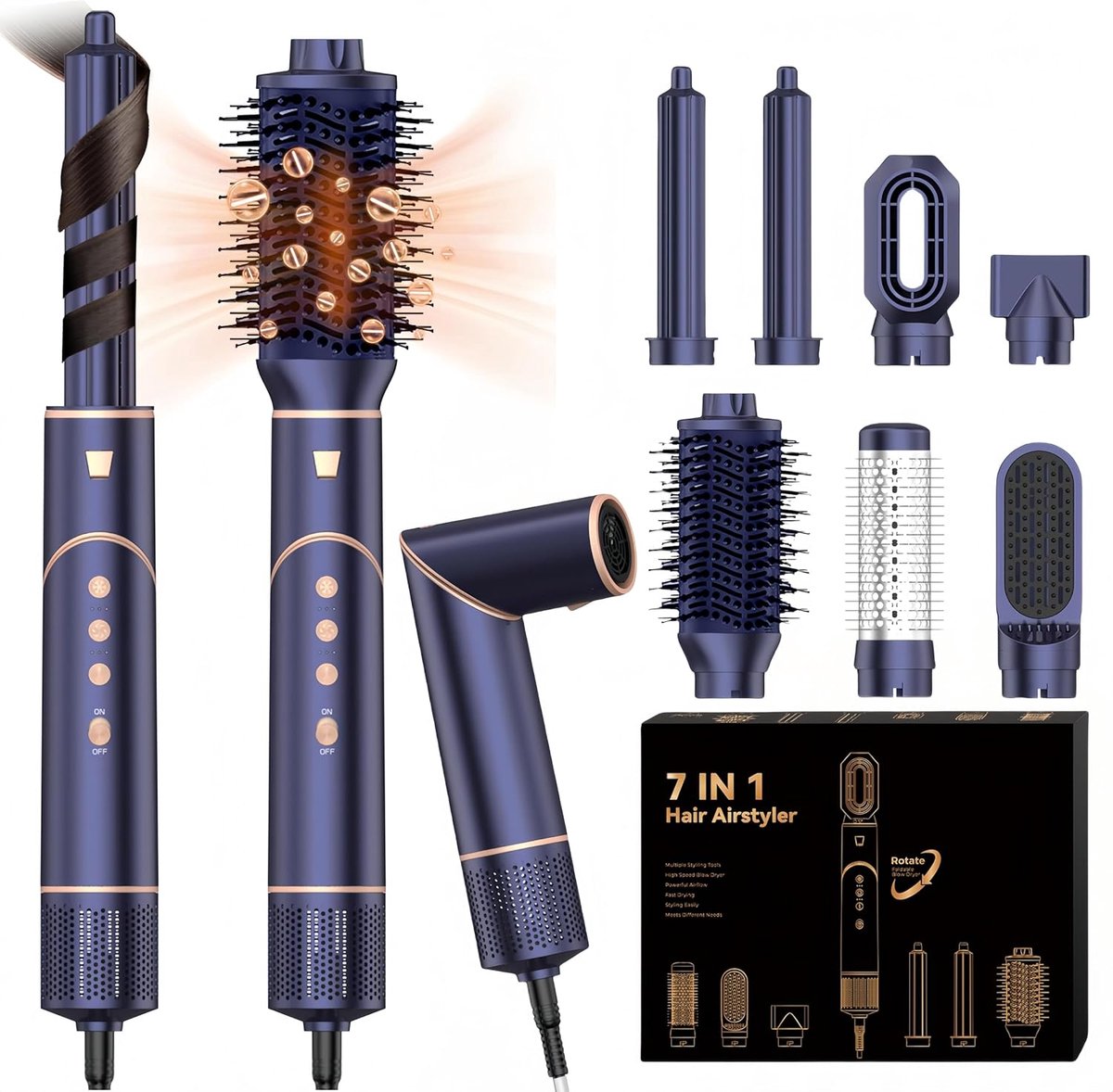 SnelShoppen - 7-in-1 Airstyler Set met 110,000RPM Hoge Snelheid Ion Haardroger, Opvouwbaar, Blauw, Voor Curling en Stylen van Haar