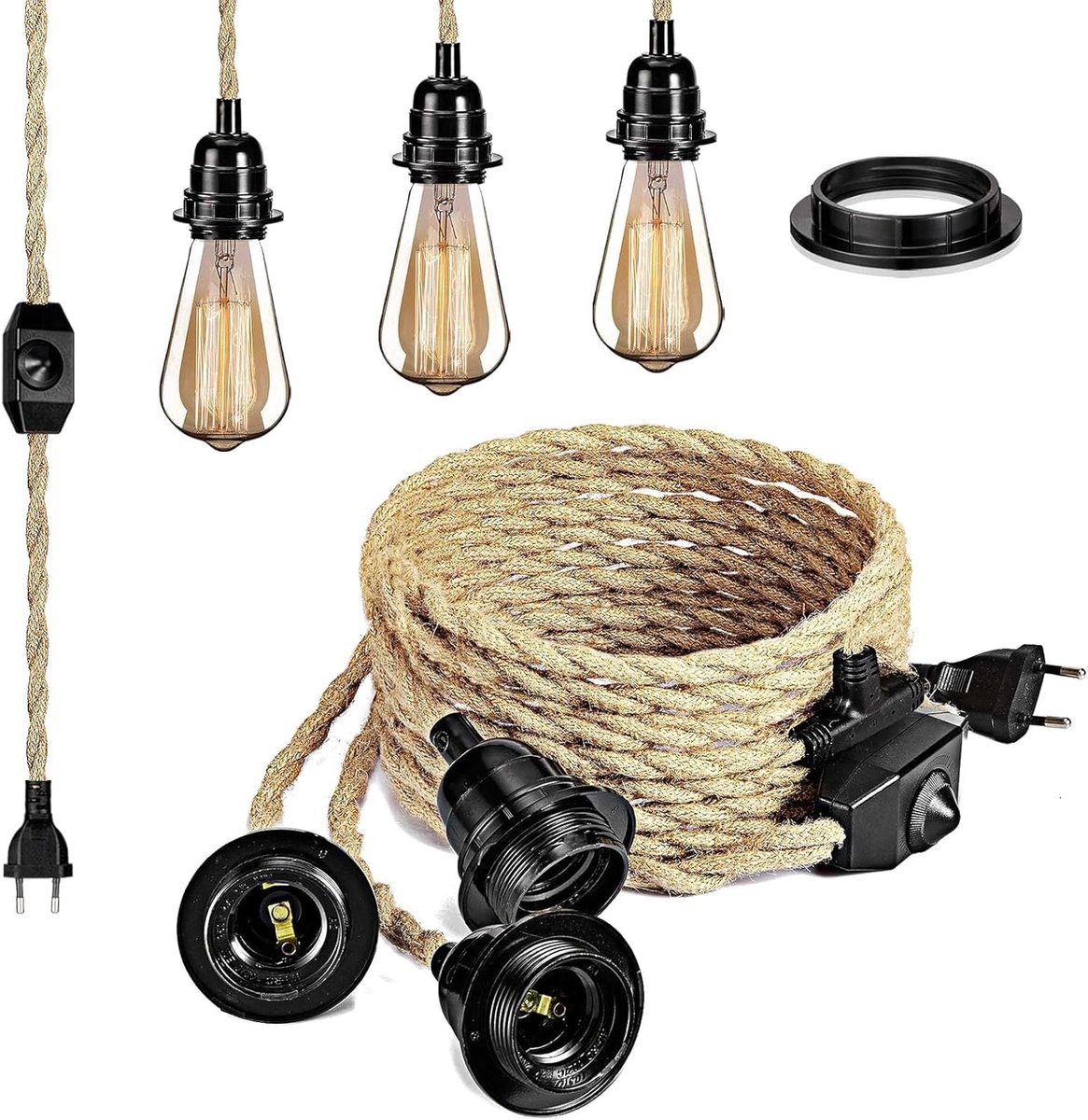 SnelShoppen - Dimbare GreenSun Hanglamp Set - Vintage Modern Industriële Textiel Kabel Pendant Light Kit met 4.5 m Gedraaid Jute Touw, E27 Fitting met