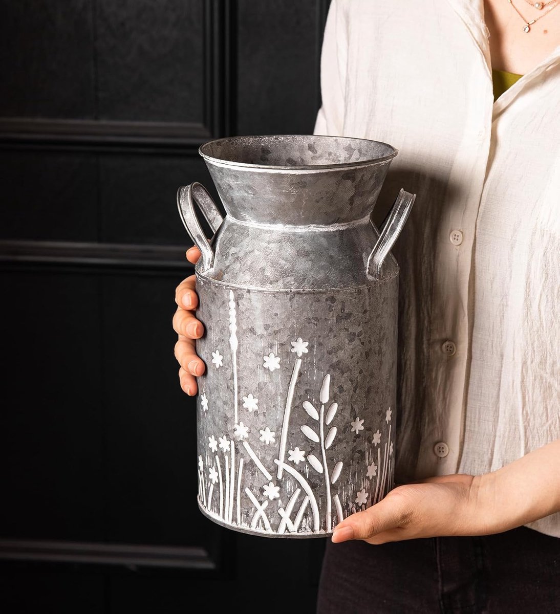 SnelShoppen - Vintage Galvanized Metal Milk Jug - Boerderij Stijl Rustieke Bloemenvaas - Decoratieve Melkkan voor Huisdecoratie - 10.8''H