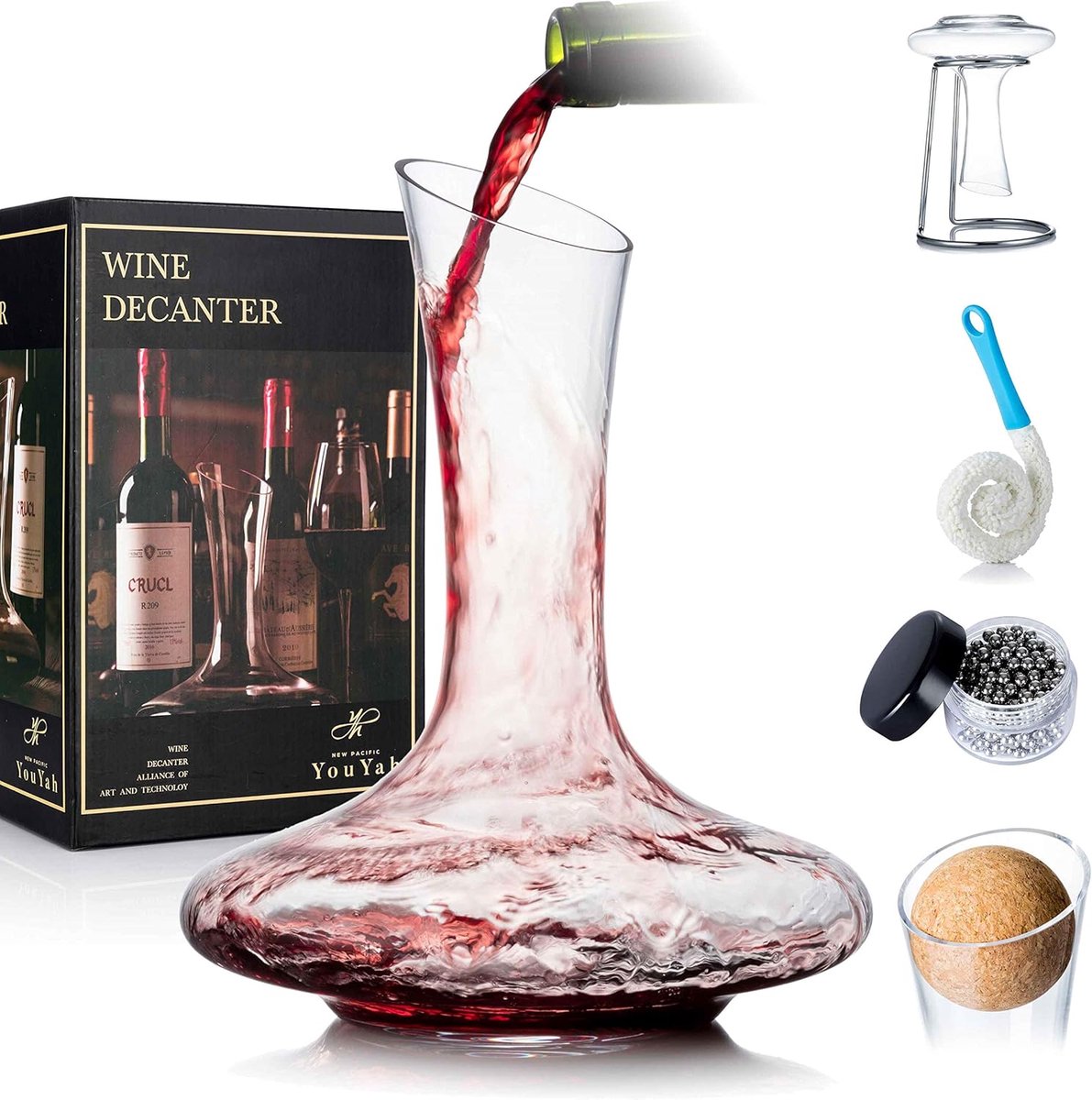 SnelShoppen - Luxe Decanter voor Rode Wijn met Droogstandaard, Stop, Borstel en Kralen - 100% Loodvrij Handgeblazen Kristalglas - Perfect als Wijn Cad