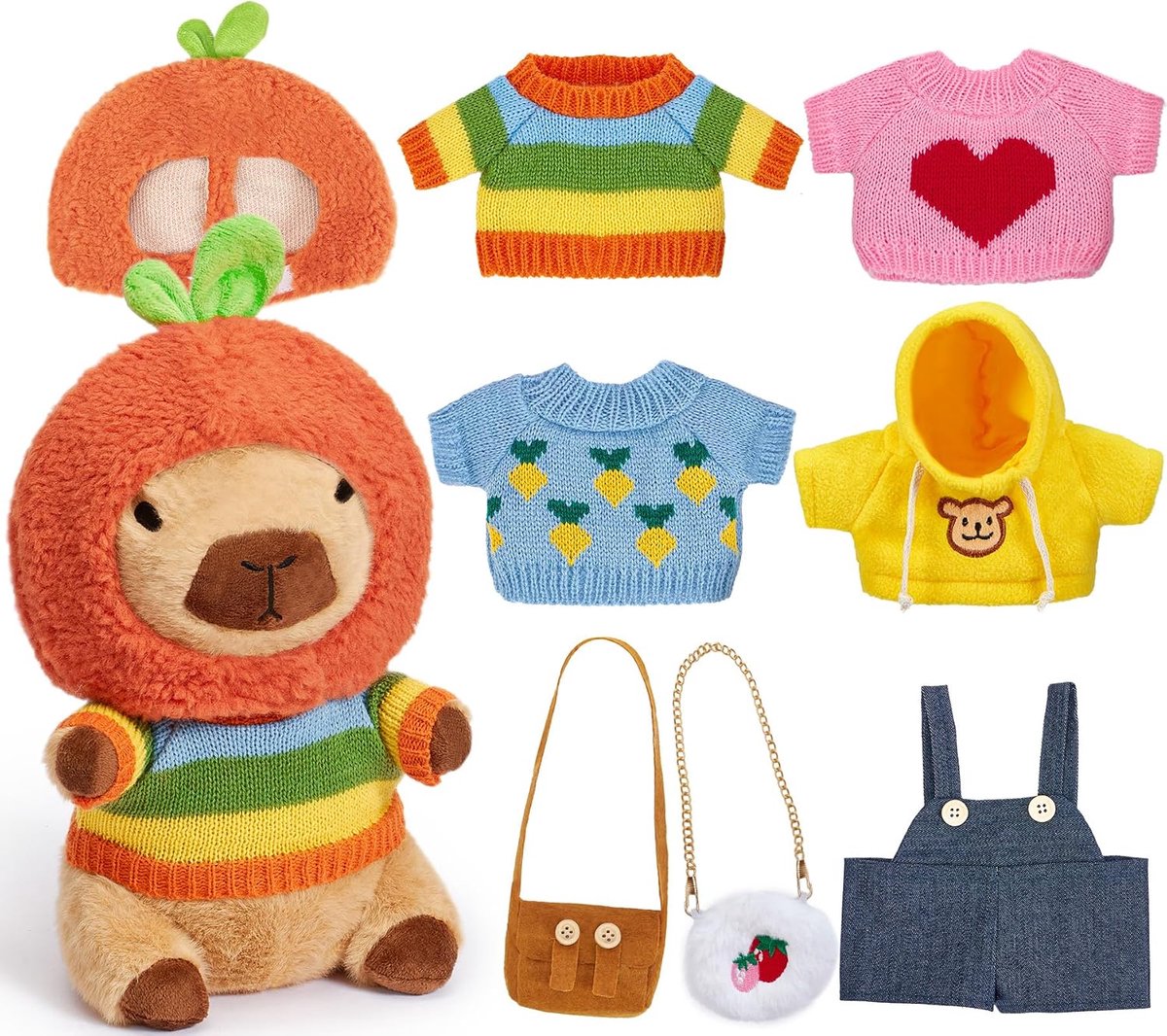 SnelShoppen - Schattige Capybara Knuffel voor Kinderen, 25 cm met 5 Kledingstukken, Hoed en 2 Zakjes, Pluche Speelgoed, Verkleed Speelgoed, Cadeau voo
