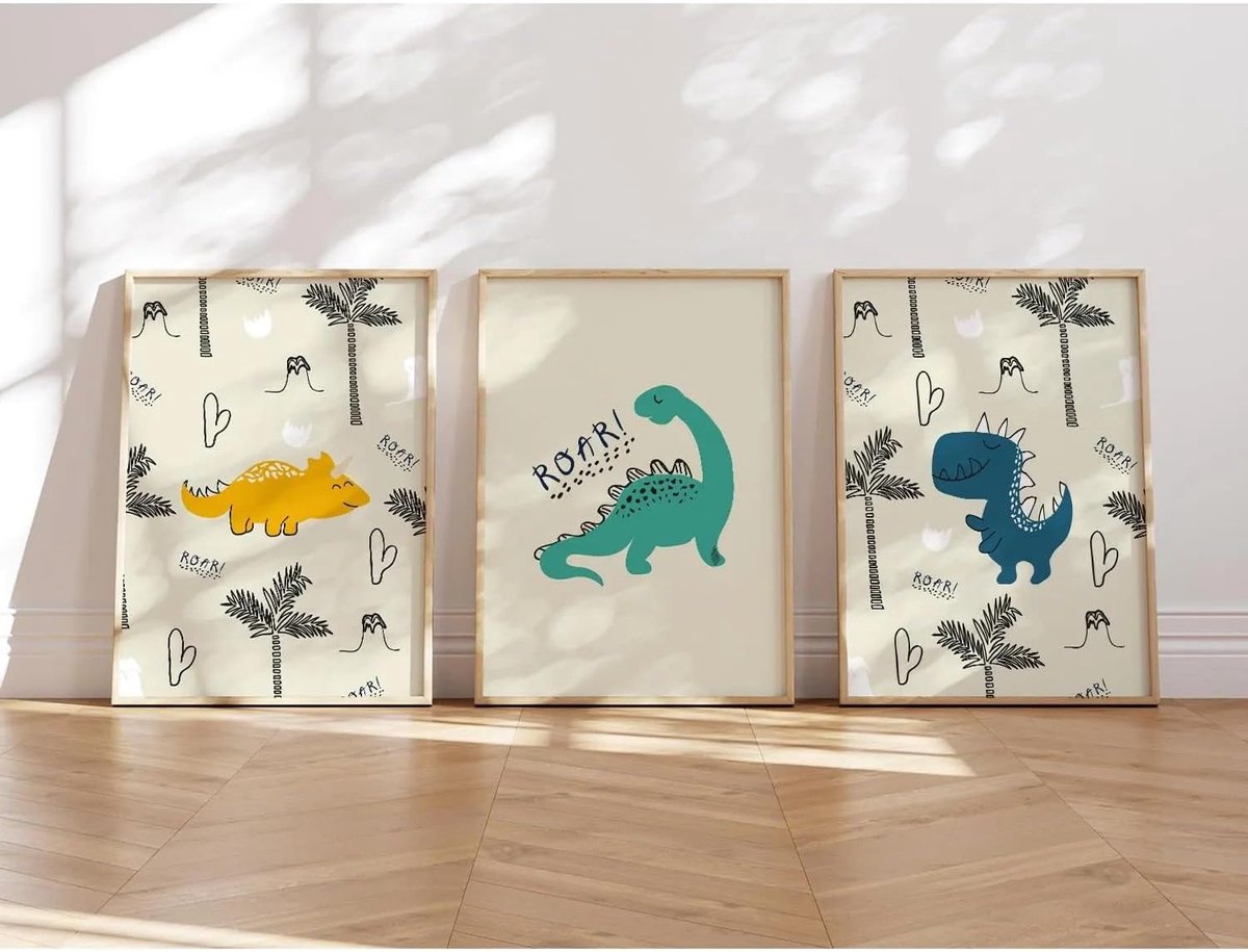 SnelShoppen - Dino Poster Set voor Kinderen - 3x DIN A4 Wanddecoratie met Schattige Dinosaurussen - Perfecte Verjaardagscadeau voor Jongens en Meisjes