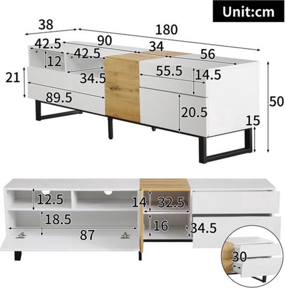 TV-meubel – TV-kast – Tv-meubel – Tv-kast – Woonkamermeubel – Wit met houtkleur – Multifun