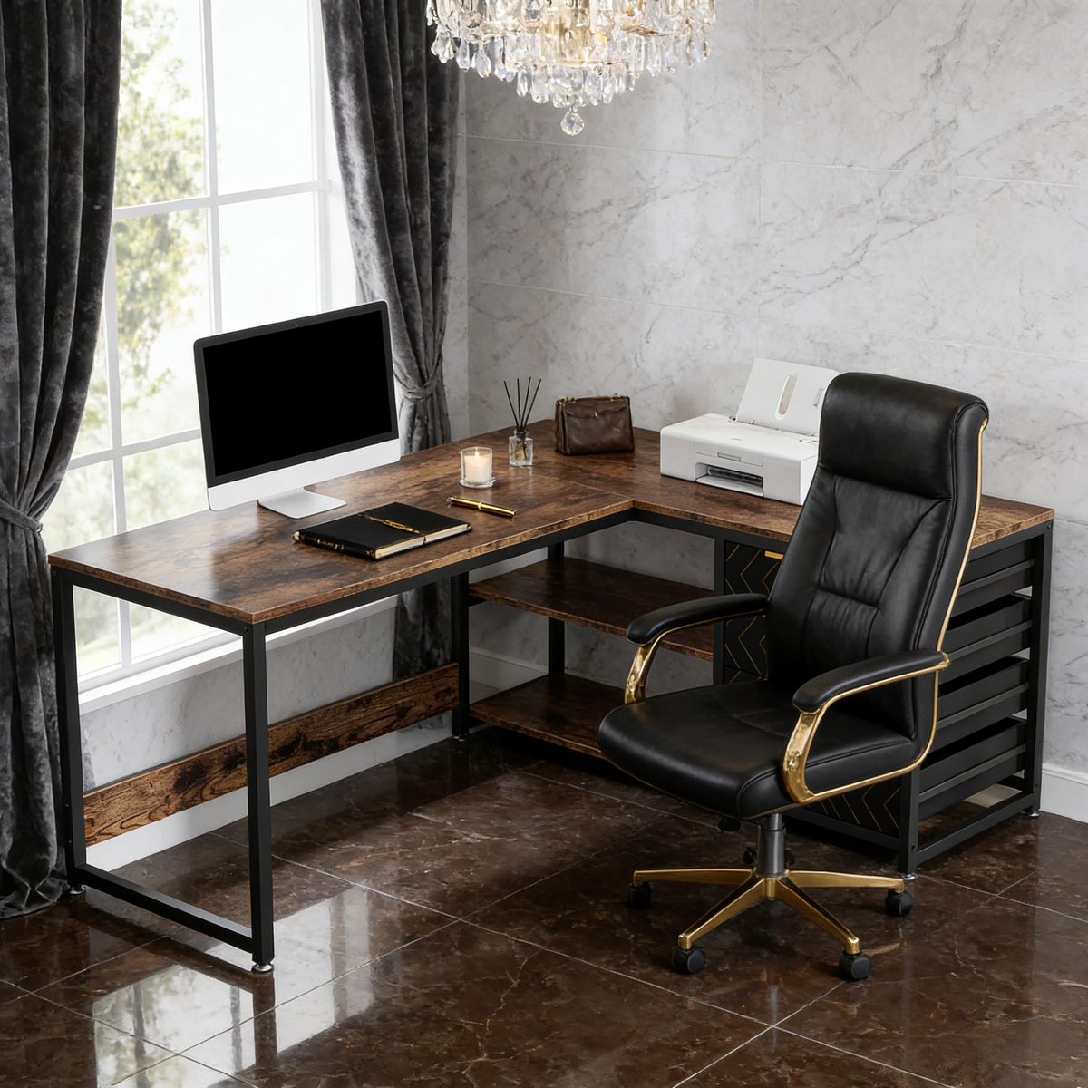 DESMIU Hoekbureau - Omkeerbaar L Vormig Bureau Met 4 Lades - Met 2 Niveaus Opbergrek Voor Thuiskantoor - Metaal En Hout - Zwart Bruin - 150x110x75 Cm