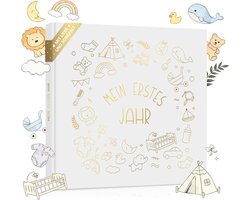 SnelShoppen - My First Year Baby Album - Hardcover, 120g Papier, 21x21cm, 25+ Foto's Plakken, 95 Pagina's, Geboorte Cadeau, Goud Foliedruk, Dubbele St