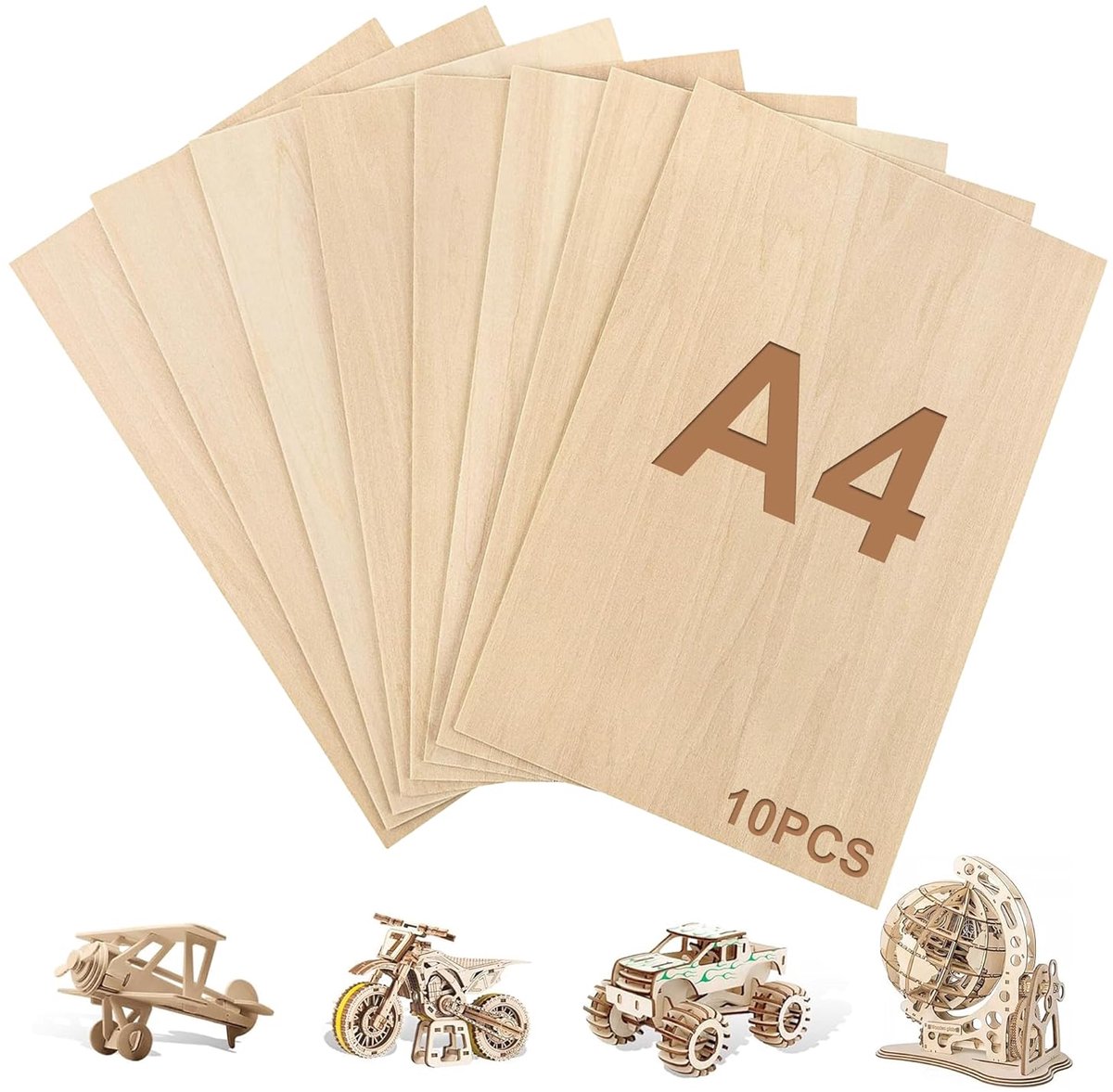 SnelShoppen - Pack van 10 A4 Plywood Panelen 2 mm Limehout, 30 x 21 cm, Houten Panelen voor Creatieve Klussen, DIY Houtbewerking, Modelbouw en Vuur sc