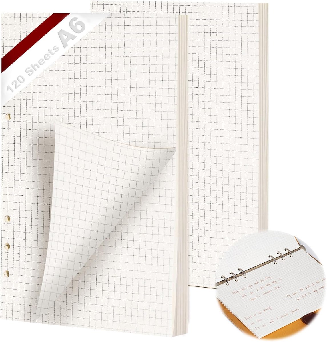 SnelShoppen - Refillable Ring Binder A6, 120 Vellen, Papier, 6 Gaten, Geruit, Herbruikbaar Vulpapier voor Notebooks, Agenda's, Schetsboeken, 2-Pack