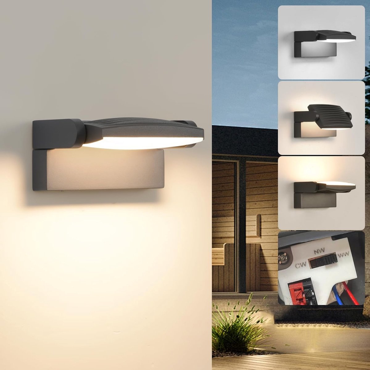 SnelShoppen - LED Outdoor Wandlamp 12W - 3 Kleuren Modus - IP65 Waterproof - 350° Draaibaar - Buitenlamp voor Tuin, Patio, Balkon - Donkergrijs