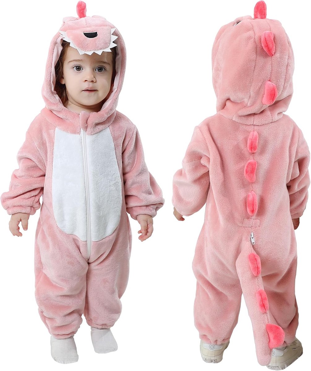 SnelShoppen - Baby Romper Animal Hooded Jumpsuits voor Kinderen 4-5 Jaar, Comfortabele Pyjama's in Roze Dinosaurus Design, Ideaal voor Halloween en Th