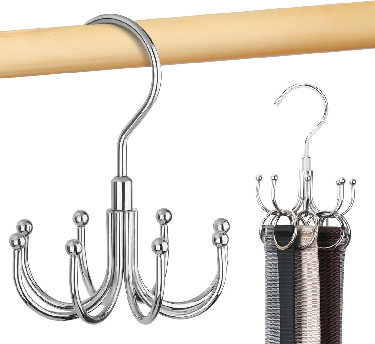 SnelShoppen - Belt Hanger, Swivel Strap Organizer Rack voor Kast, Maximaal 24 Straps Opslag met 8 Haken, Ruimtebesparende Organizer voor Riemen, Zilve