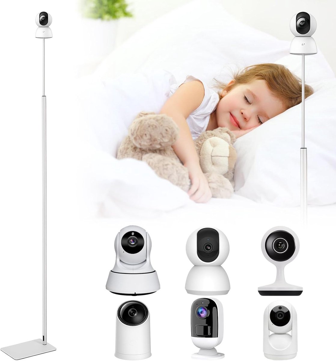 Babyfoon standaard - Camera houder - Babykamer bewaking - Vrijstaand buiten bereik - 160 cm hoogte - Wit