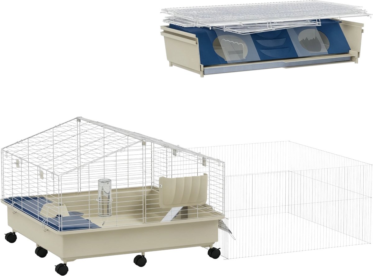 Kleine Dierenkooi met Speelren – Konijnenhok inclusief Drinkfles – Wit/Beige