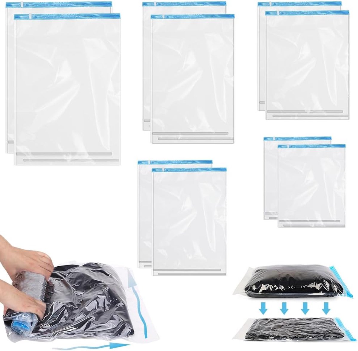 SnelShoppen - 10 Stuks Vacuum Tassen voor Kleding, Compressie Tassen, Opslagzakken, 5 Maten, Ideaal voor Reizen en Kledingopslag