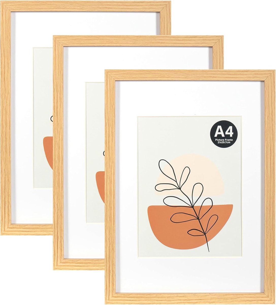 SnelShoppen - KAIWIN Fotolijst Eiken A4 Set van 3 met Passe-partout 15x20 cm, Fotolijst met Acrylaatglas voor Hangend en Staand Gebruik, Perfect voor