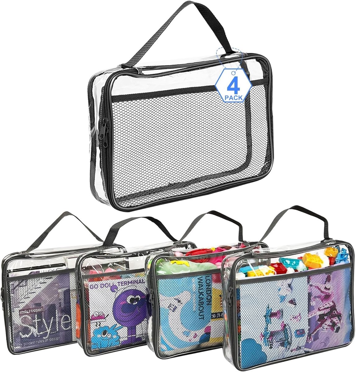 SnelShoppen - 4 PVC Opberg Compartimenten voor Speelgoed, Toilettassen met Rits, Mesh Vakken voor Badspeelgoed, Puzzels, Bouwstenen (22 x 8 x 30 cm)