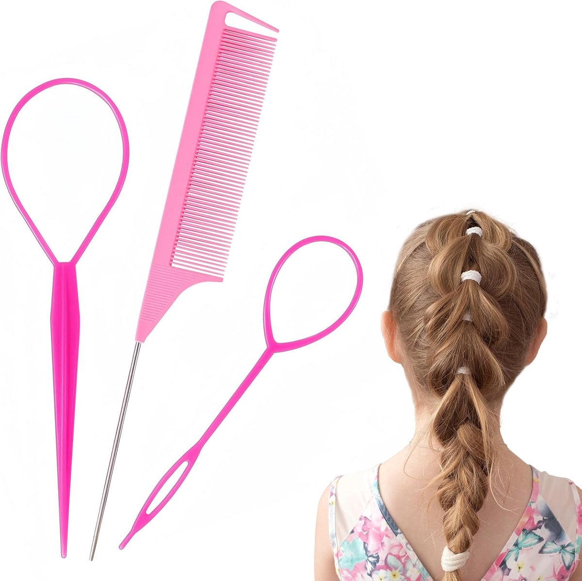 SnelShoppen - 3-delige Topsy Tail Haar Tool Set, Roze Haar Loop Tool voor Buns, Updos en Ponytails met Rat Tail Kam, Haar Trek Tool voor Vrouwen & Mei