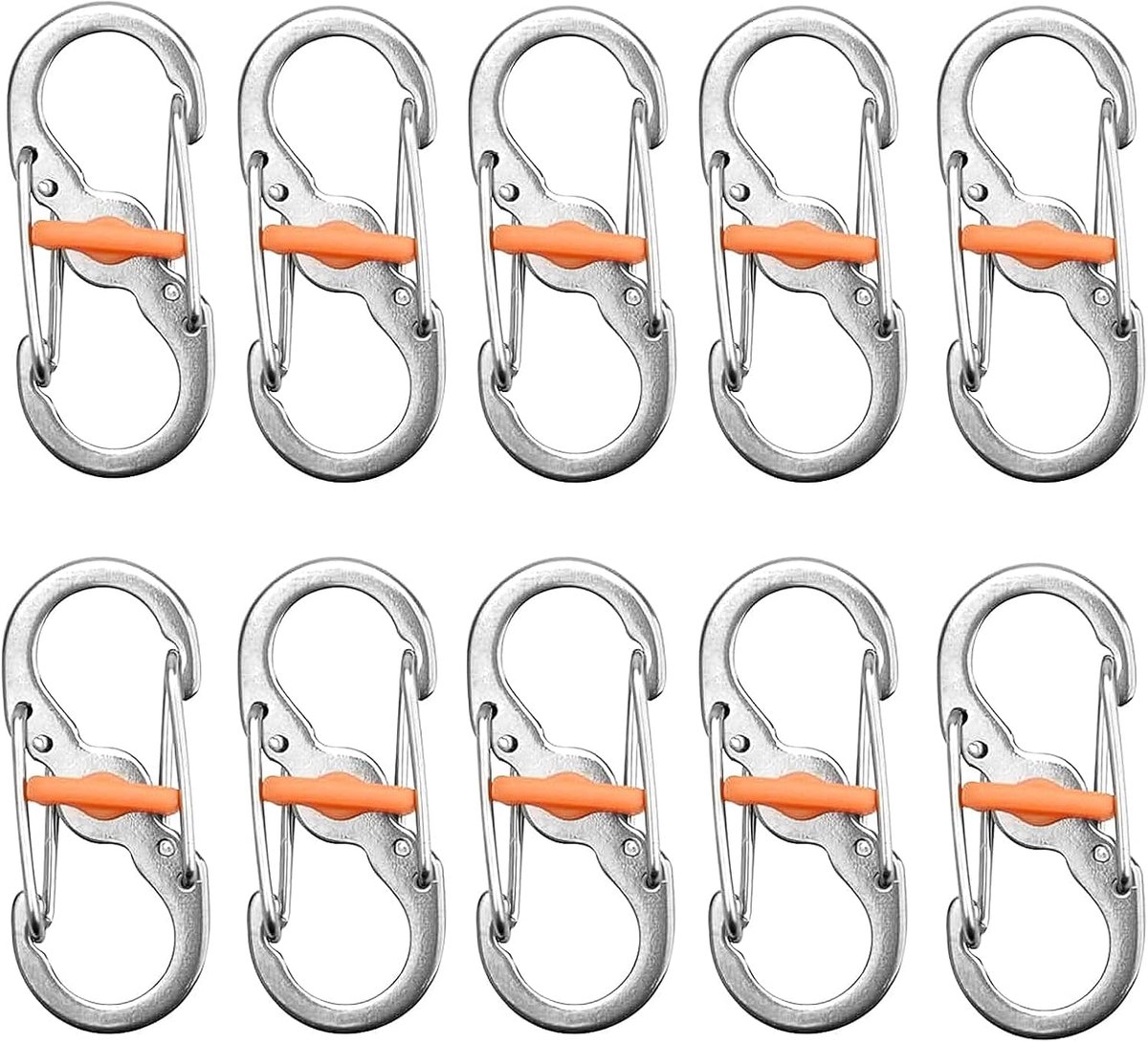 SnelShoppen - 10 Pcs S-Carabiner Haken, S-Vormige Karabiners voor Bergbeklimmen, Hiking en Fietsen - RVS & Kunststof - Waterdicht & Duurzaam - Zilver