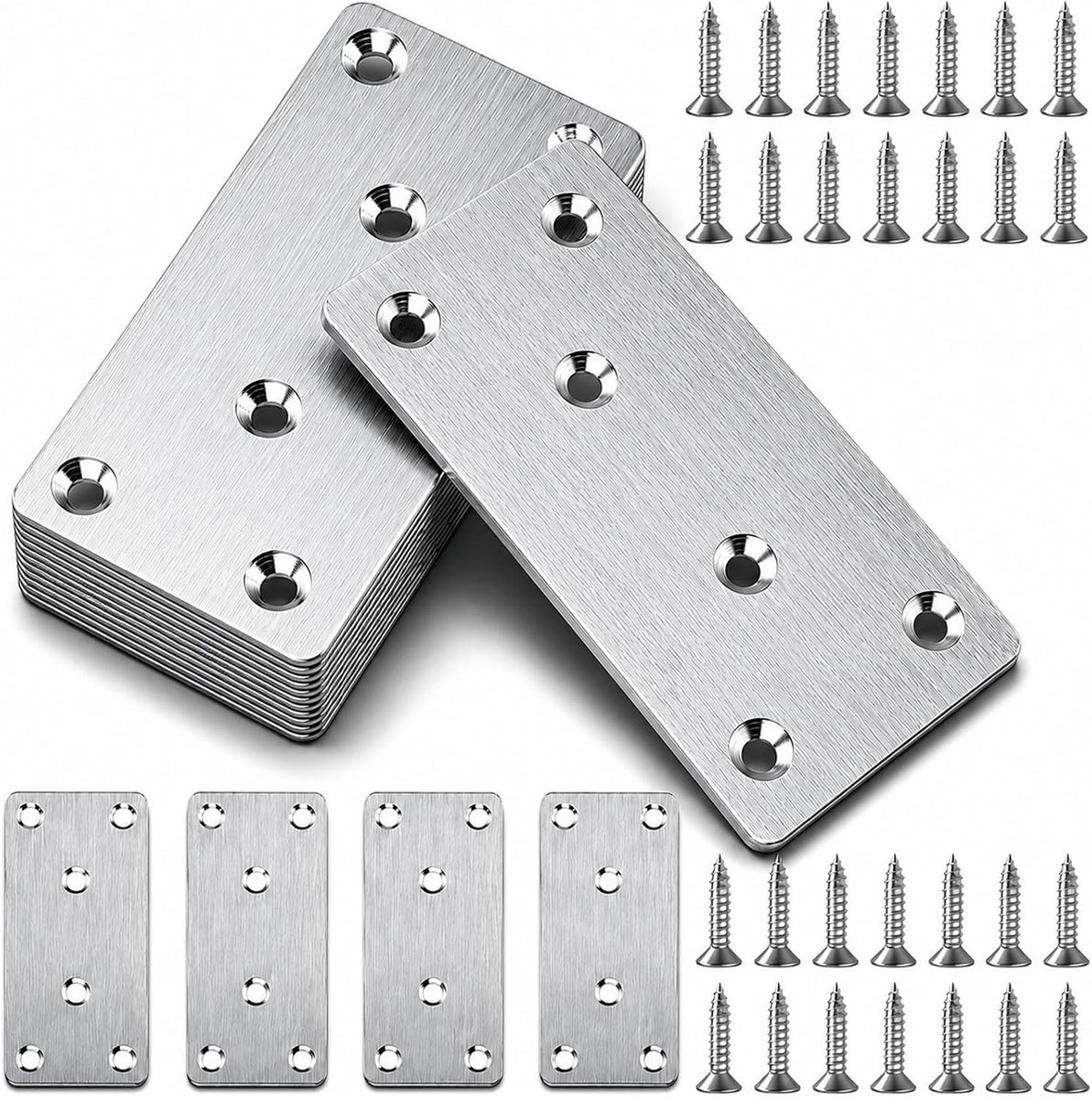 SnelShoppen - 10 Stuks RVS Platen Verbinders, Zilver, Perforated Metal Plates, Houten Connectoren, Vlakke Hoek Verbindingen met 60 Schroeven voor Bouw