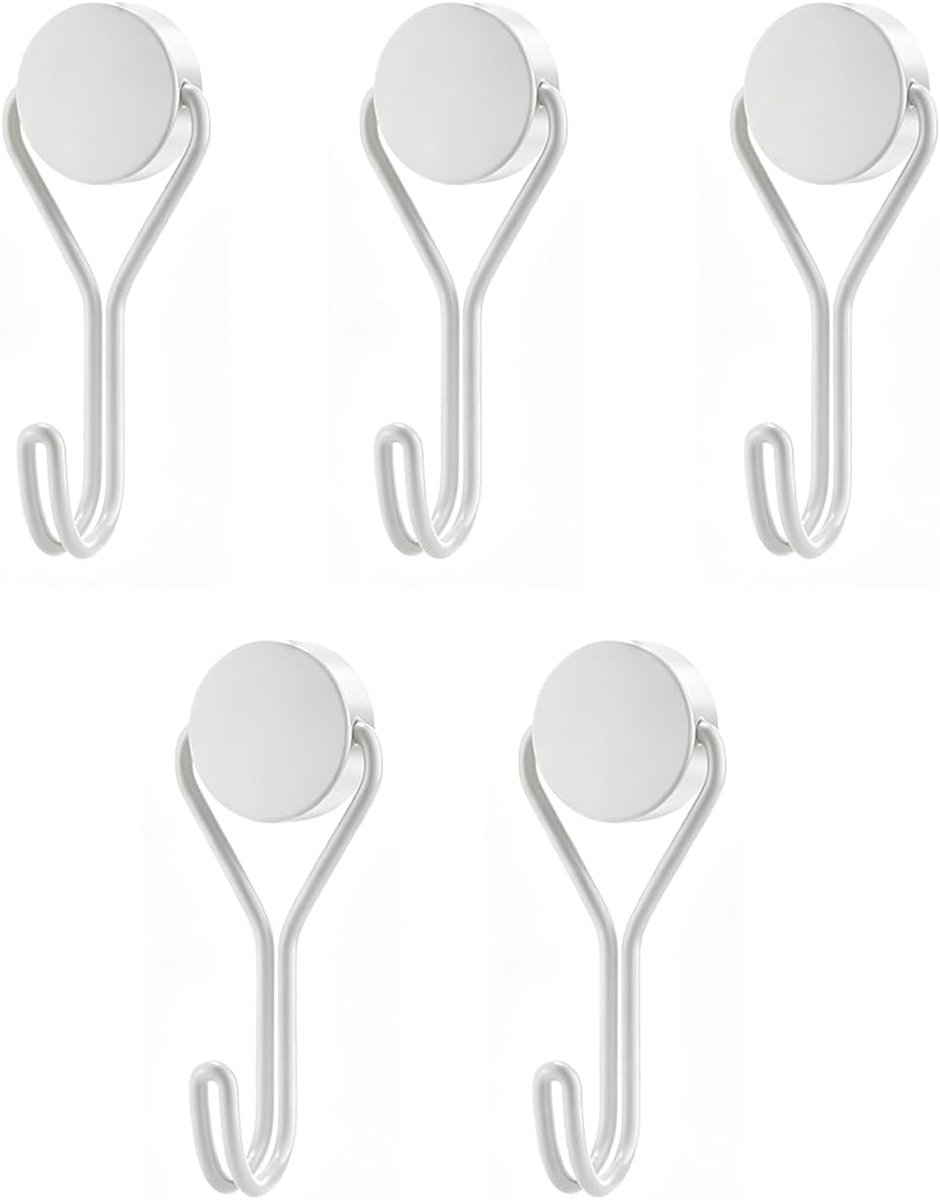 SnelShoppen - Witte Magneethaken 5 Stuks, Extra Sterk, Zware Houder, Zonder Boren, Ideaal voor Keuken, Badkamer, Kantoor, Koelkast en Thuis Organisati