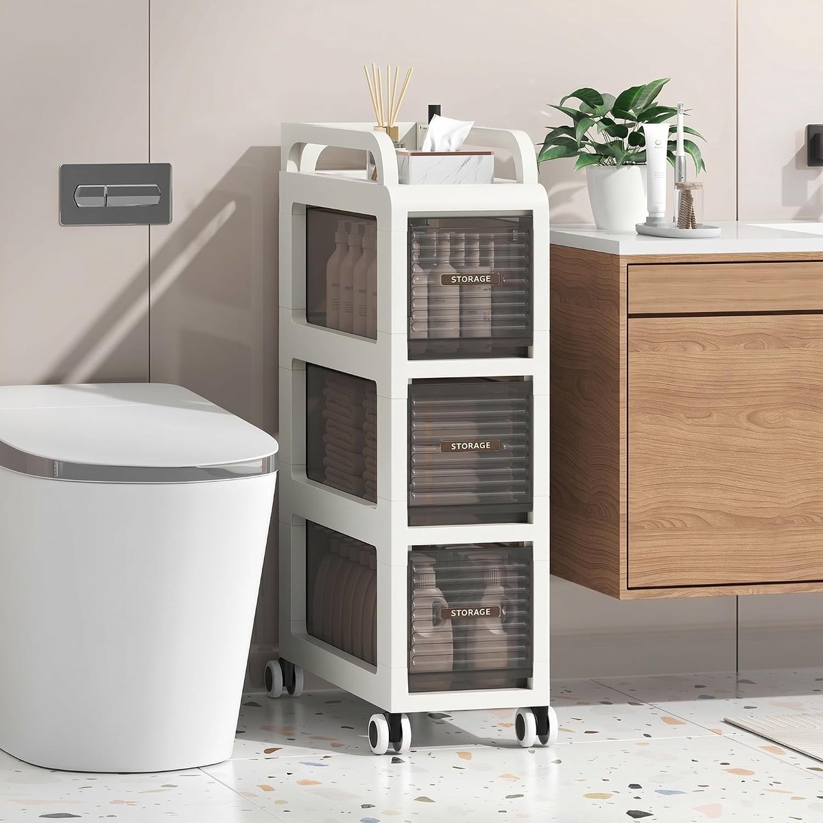 SnelShoppen - Slimme Badkamerkast op Wielen, Vrijstaande Smalle Opbergkast met 3 Lades, Ideaal voor Badkamer, Keuken en Wasruimte, 20x41x65cm, Wit en