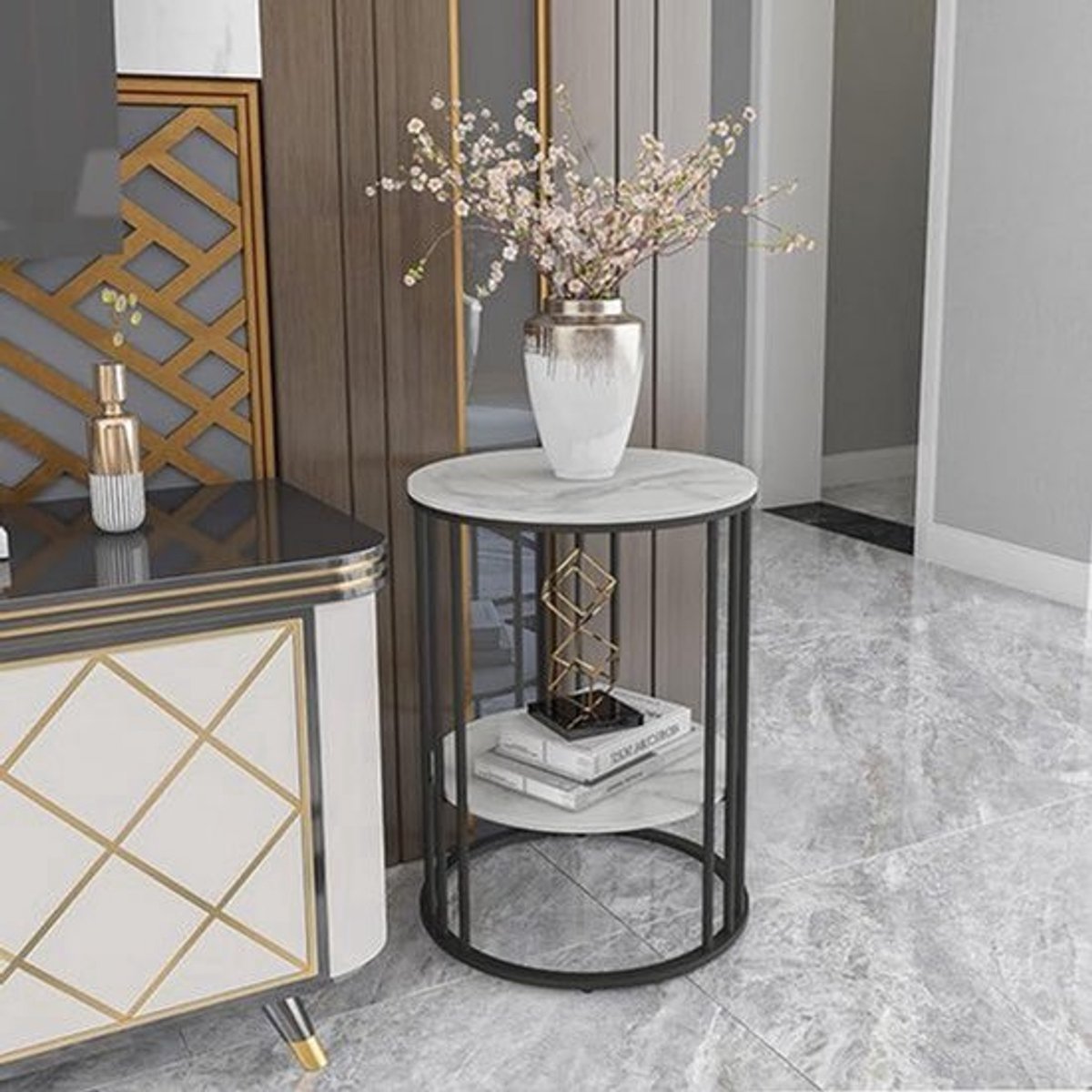 Bijzettafel – Salontafel – Nachttafeltje – Eettafeltje – Zwart Metalen Frame – Wit Marmere