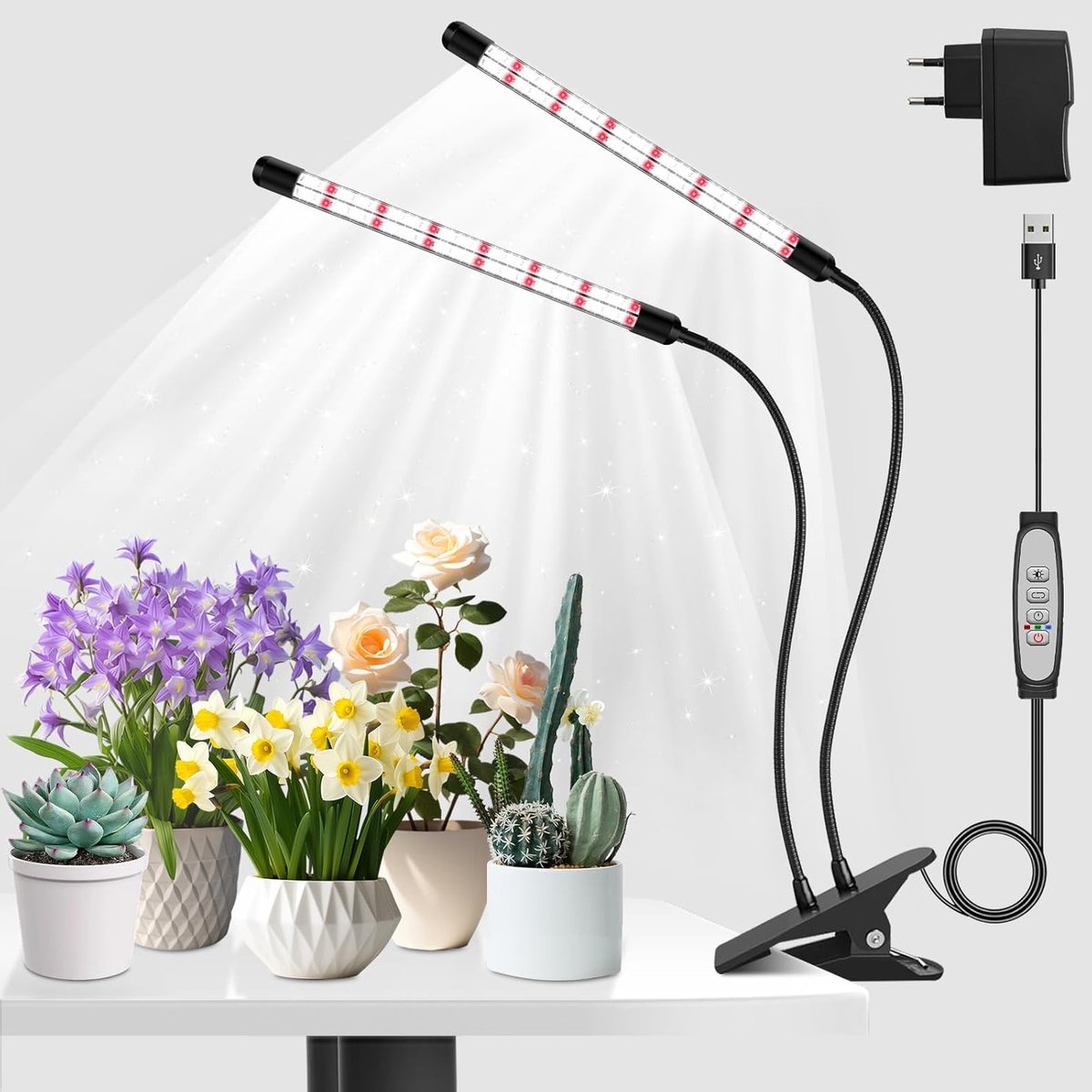 2 Head Plant Light LED met 160 LEDs, 6500K & 630nm Full Spectrum, 3 Lichtmodi, 6/12/18Uur Timer en 5 Helderheidsniveaus voor Optimale Groeicondities van Planten