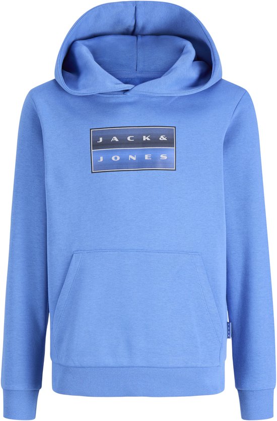 Blauwe hoodie met 'JACK & JONES' logo op de voorkant en een kangoeroezak.