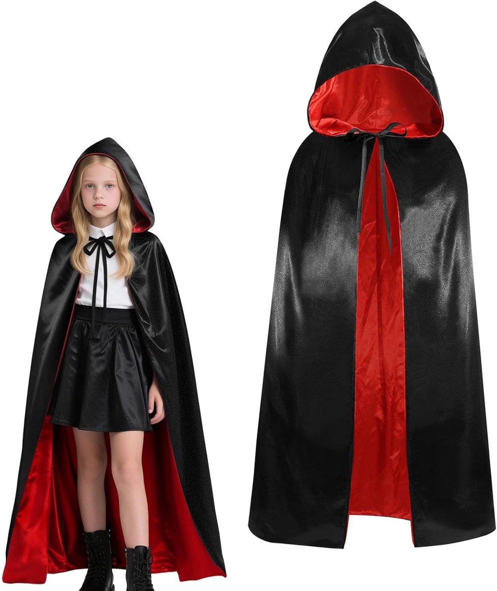 Zwarte en Rode Cape met Kap voor Halloween - Vampier Kostuum voor Volwassenen en Kinderen