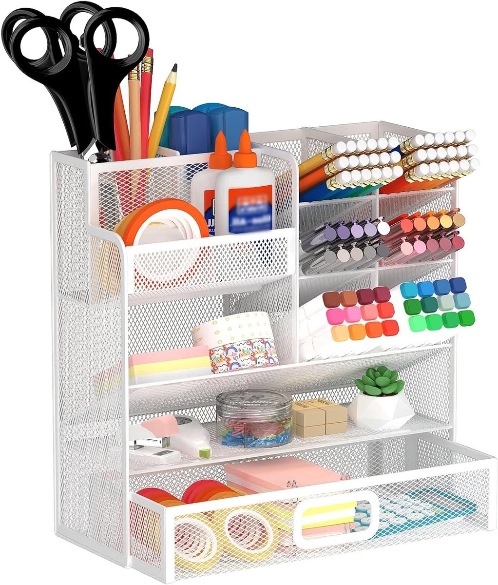Multifunctionele Bureau Organizer met Lades, Wandhouder voor Pennen en Opbergruimte voor Schoolbenodigdheden, Thuis en Kunst (Wit)