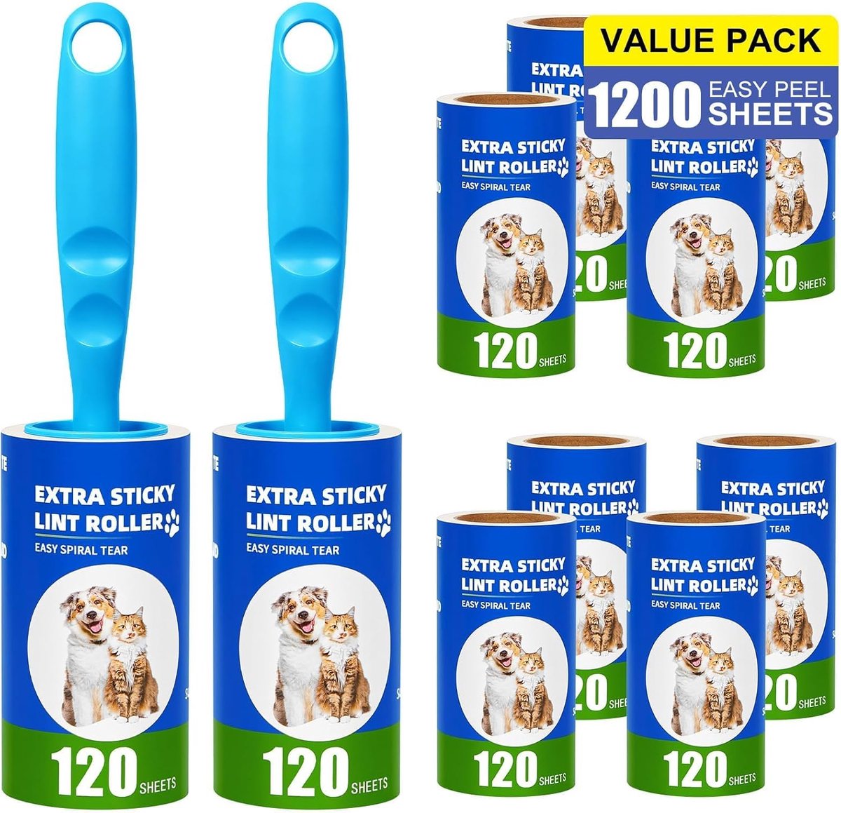 SnelShoppen - 1200 Vellen Lint Roller Set - 10 Rollen Extra Sterke Plakroller met 2 Handvatten - Voor Kleding, Meubels, Katten- en Hondenharen - 120 V