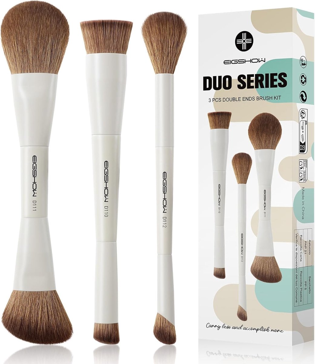 SnelShoppen - Makeup Brush Set van 3 Dubbelzijdige Make-upkwasten - Zachte Synthetische Vezels - Geschikt voor Vloeibare, Crème en Poederproducten - B