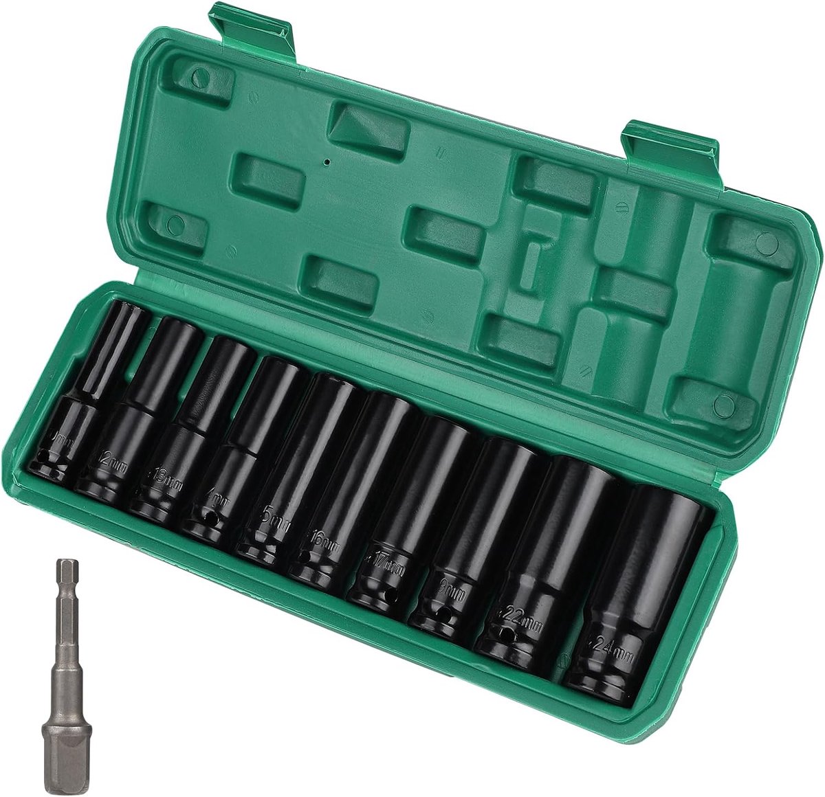 SnelShoppen - 11-Delige 1/2 Inch Lucht Impact Sleutelset - Lange Sleutels met 10-24 mm Steeksleutels, CR-V Staal, Impact Socket Set met Koffer