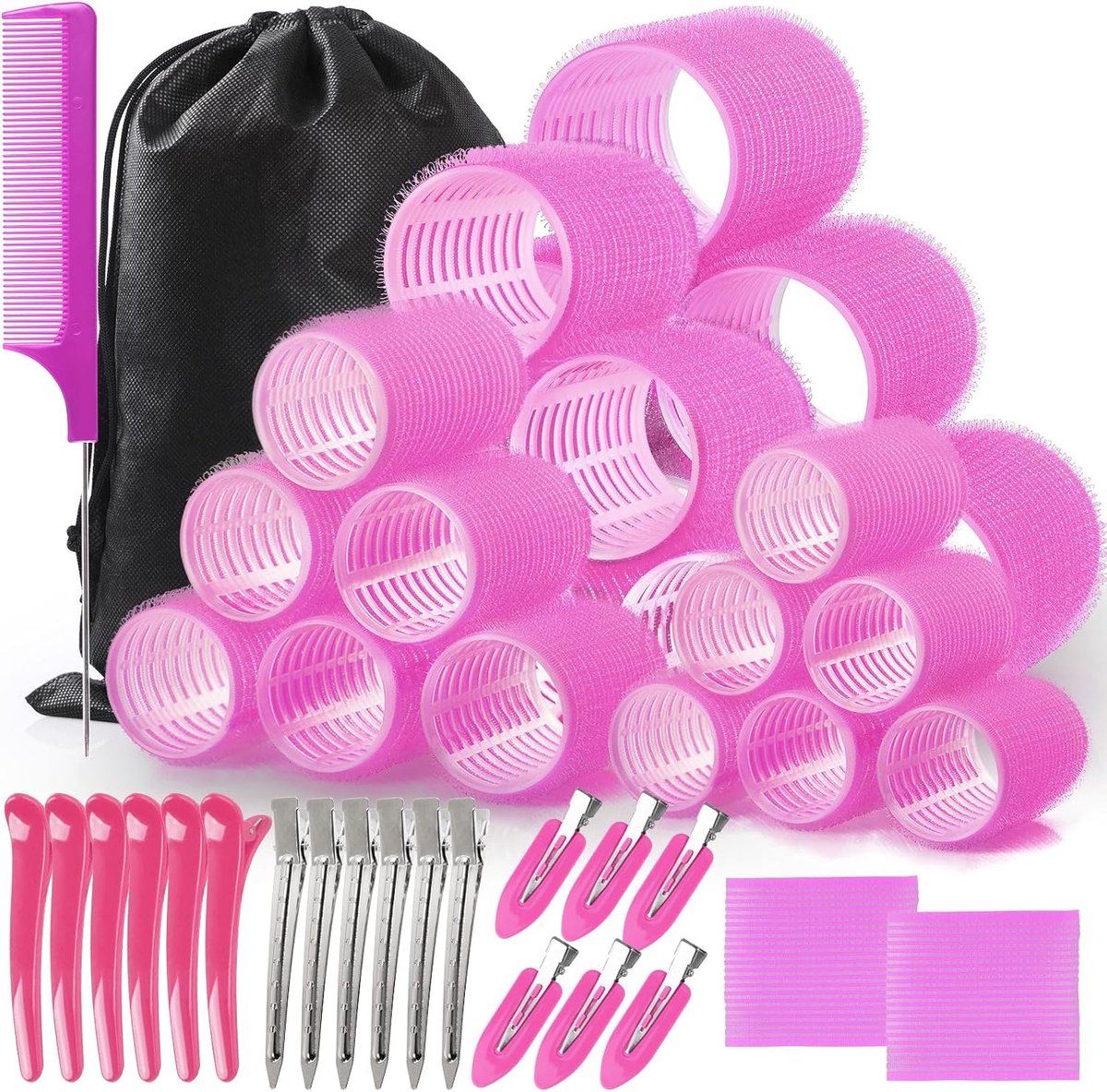 SnelShoppen - 45pcs Haarrollers Set met 24 Zelfklevende Haarrollers, 18 Clips & Opbergtas voor Volume in Lang, Middellang en Kort Haar (Roze Rood) - V