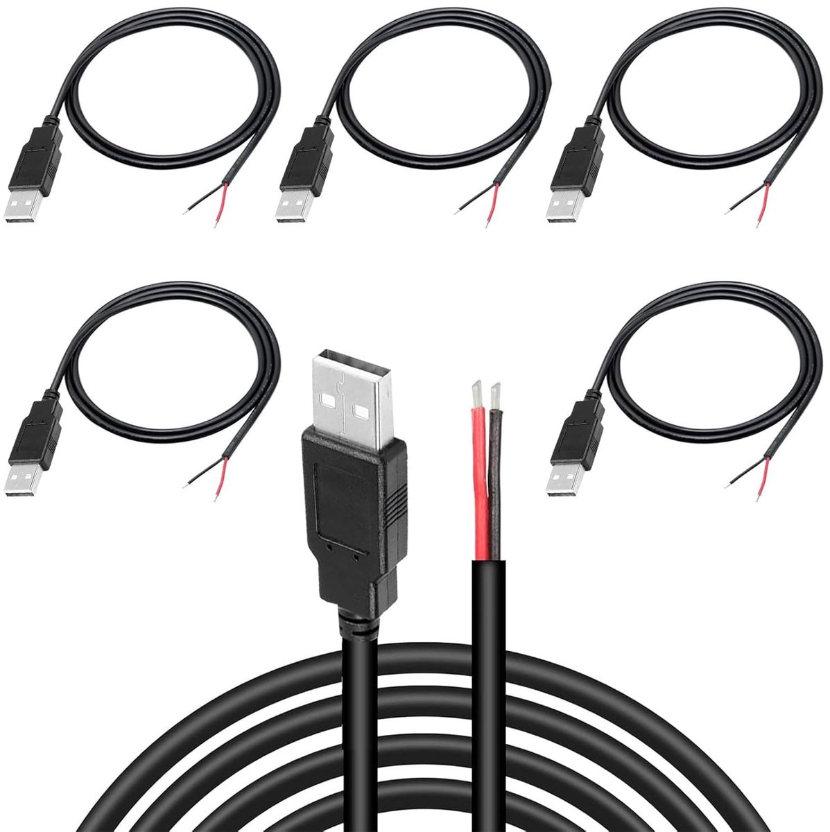 SnelShoppen - USB 2.0 Plugs 5 Stuks, Solderen USB Poort, 30cm Pigtail Kabel, 22AWG, 12V 3A, 2 Pin Open End Draad, Ideaal voor Elektronica Projecten