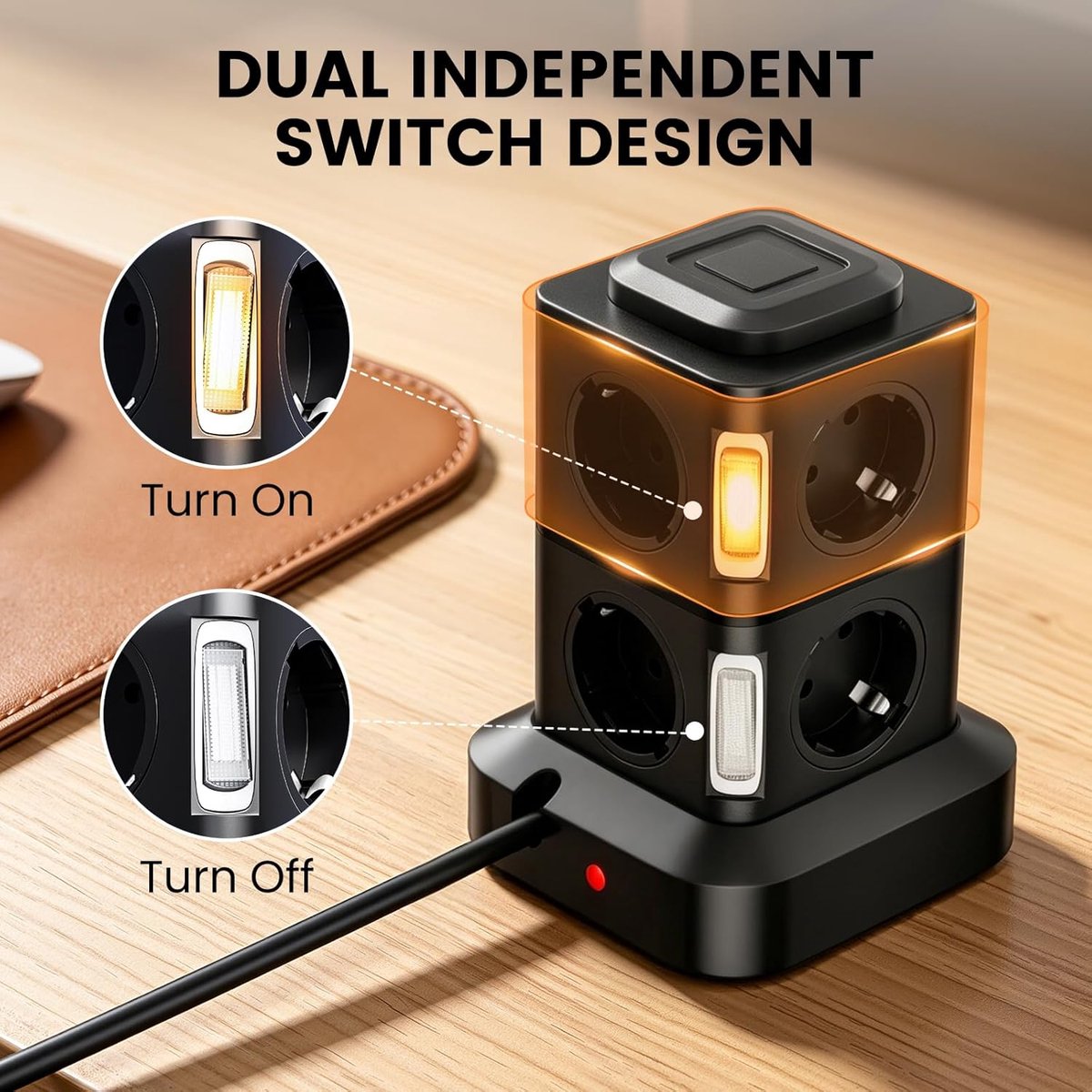 SnelShoppen - Tower Stekkerdoos met USB-poorten, 6 Stopcontacten, Overloadbeveiliging, 1,5 meter Snoer, Zwart, Ideaal voor Thuis, Kantoor, Feest en Ca